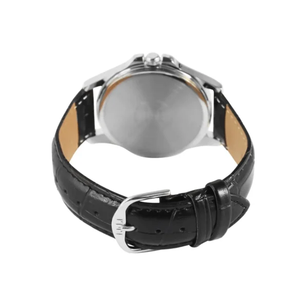 Vista trasera del reloj Q&Q modelo Q32A-501PY con correa de cuero negro corrugado.