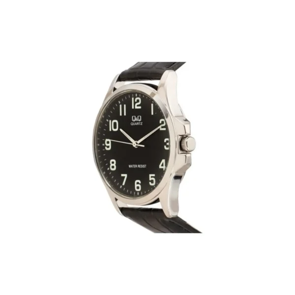 Vista lateral del reloj Q&Q Q32A-501PY con caja metálica plateada.