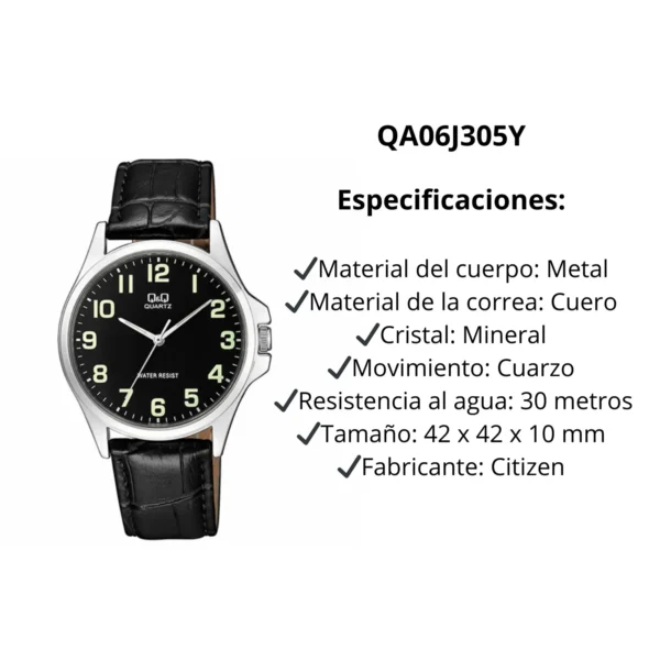 Especificaciones técnicas del reloj Q&Q Q32A-501PY, incluyendo materiales y resistencia al agua.