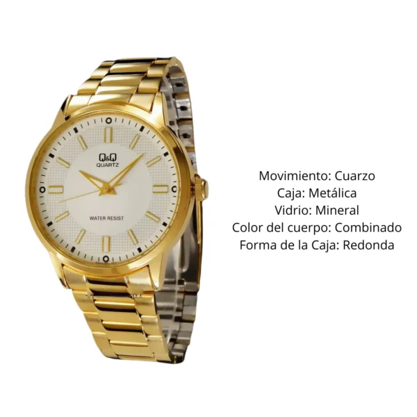 Reloj dorado con detalle de especificaciones en la imagen.