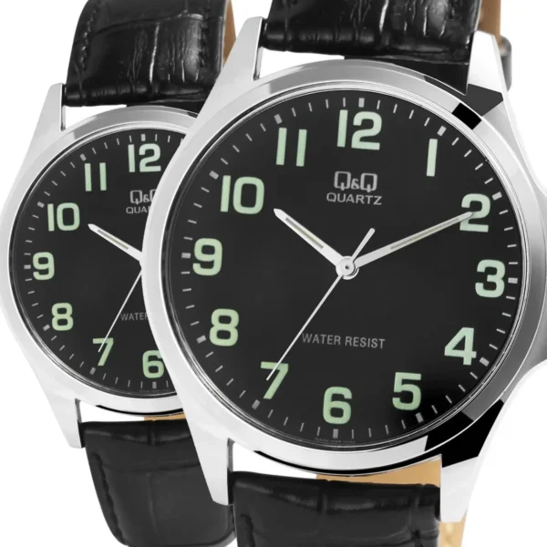 Esfera del reloj Q&Q Q32A-501PY con números grandes blancos sobre fondo negro.