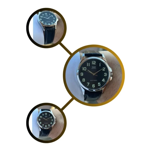 Vistas combinadas del reloj Q&Q Q32A-501PY, mostrando frontal, lateral y trasera.