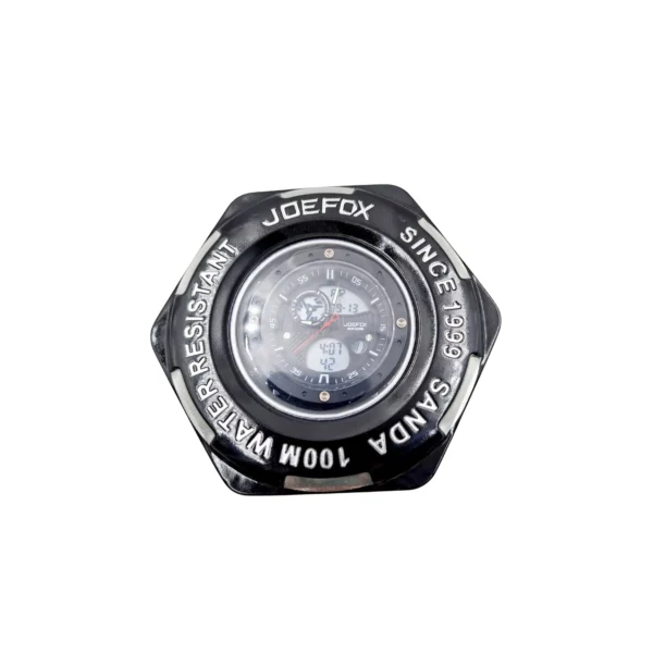 Caja metálica original del reloj JOEFOX 1801G con cubierta transparente.